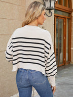 Round Neck Striped Lantern Sleeve Sweater - Delanoir