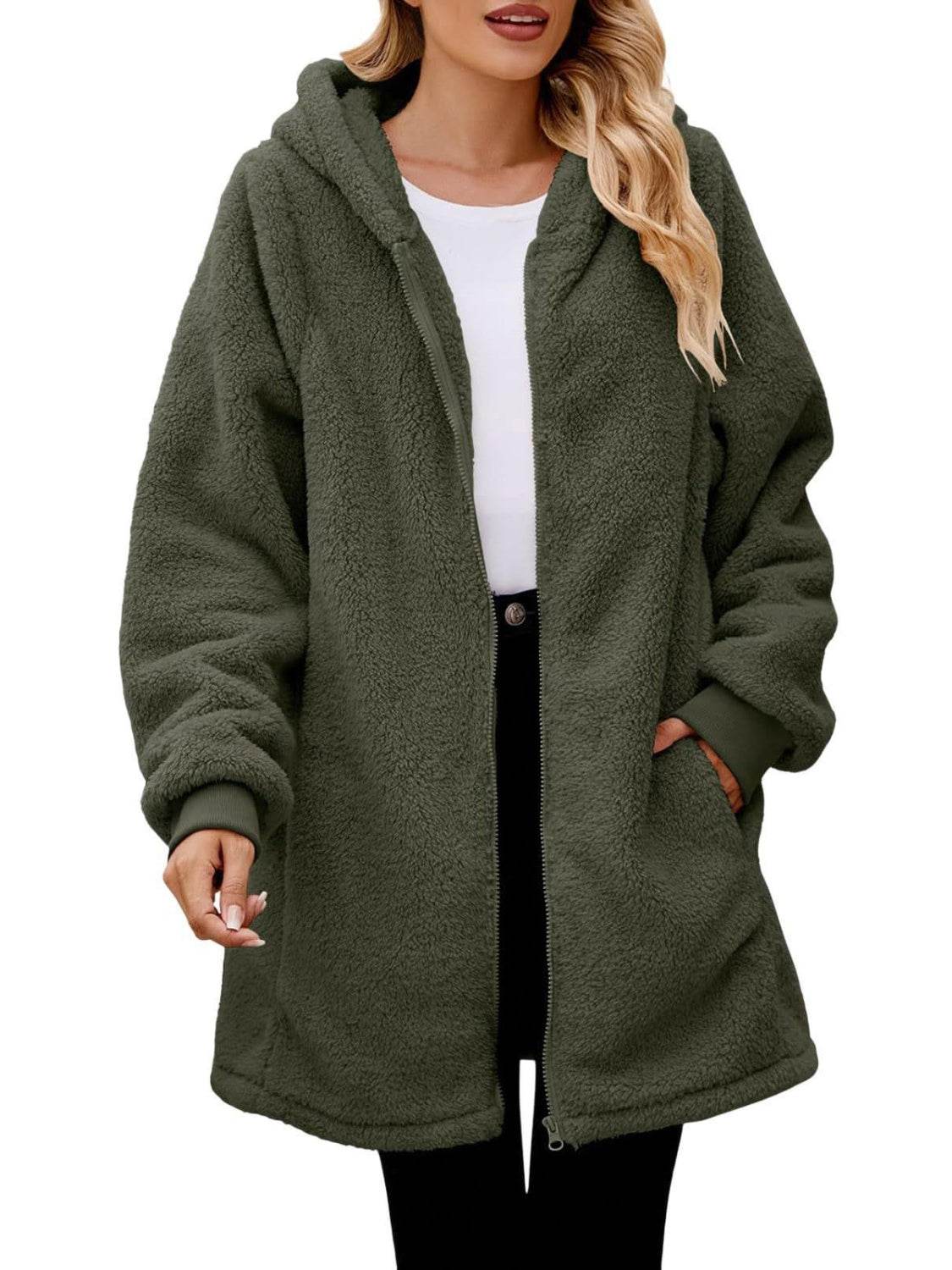 Fuzzy Pocketed Zip Up Long Sleeve Hooded Jacket - Delanoir