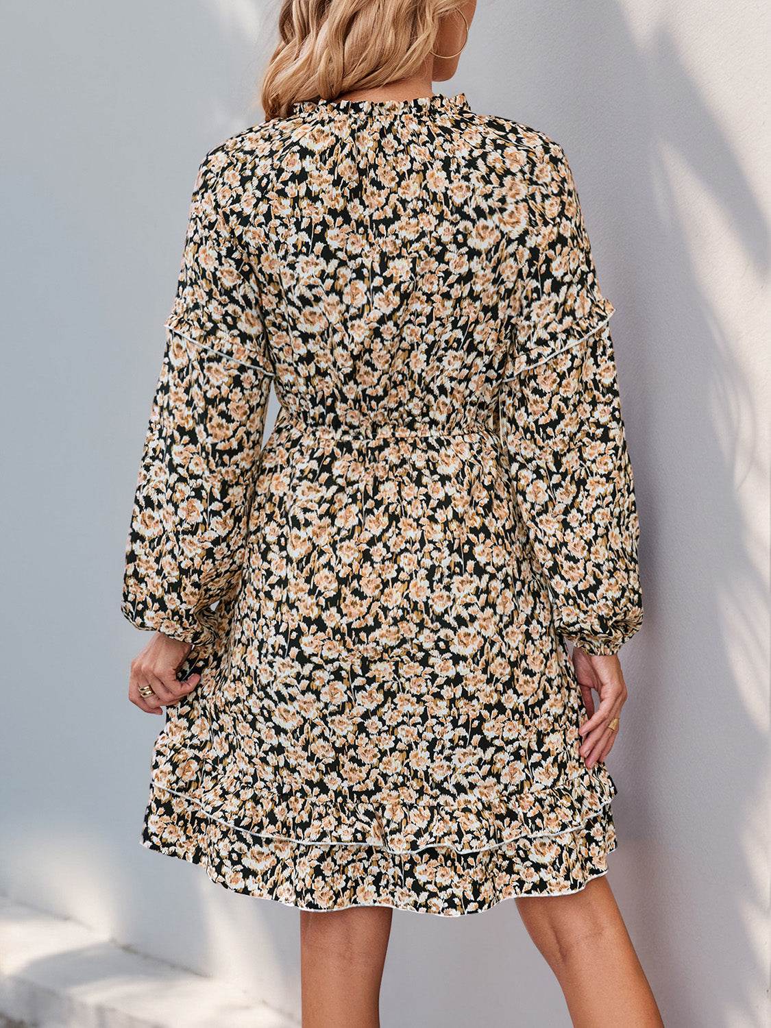 Perfee Printed Tie Neck Long Sleeve Mini Dress - Delanoir