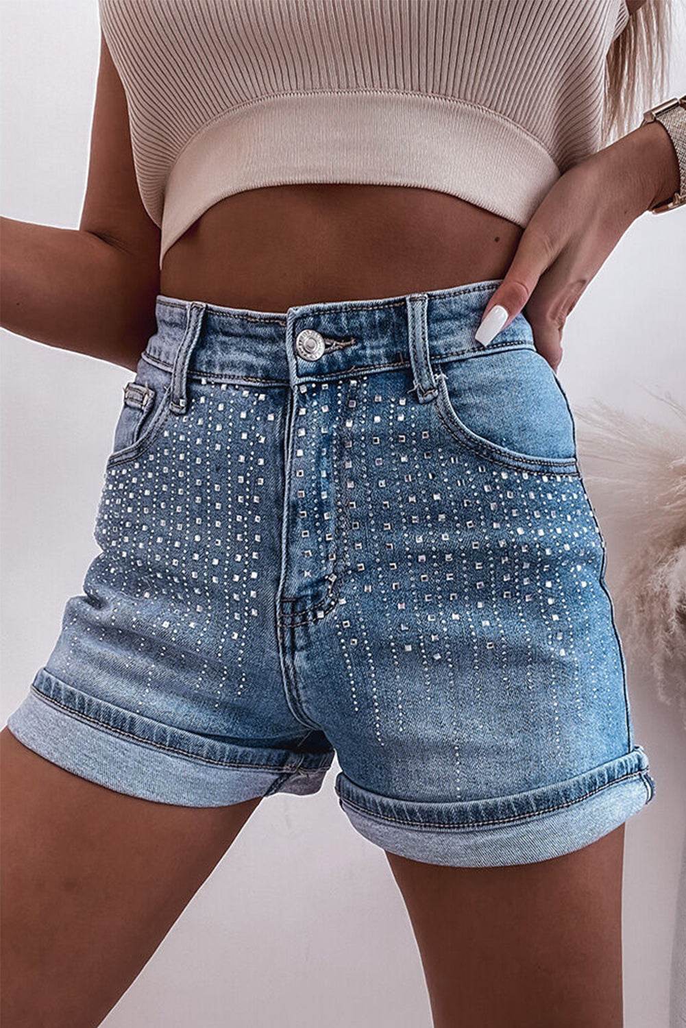 Rhinestone High Waist Denim Shorts - Delanoir