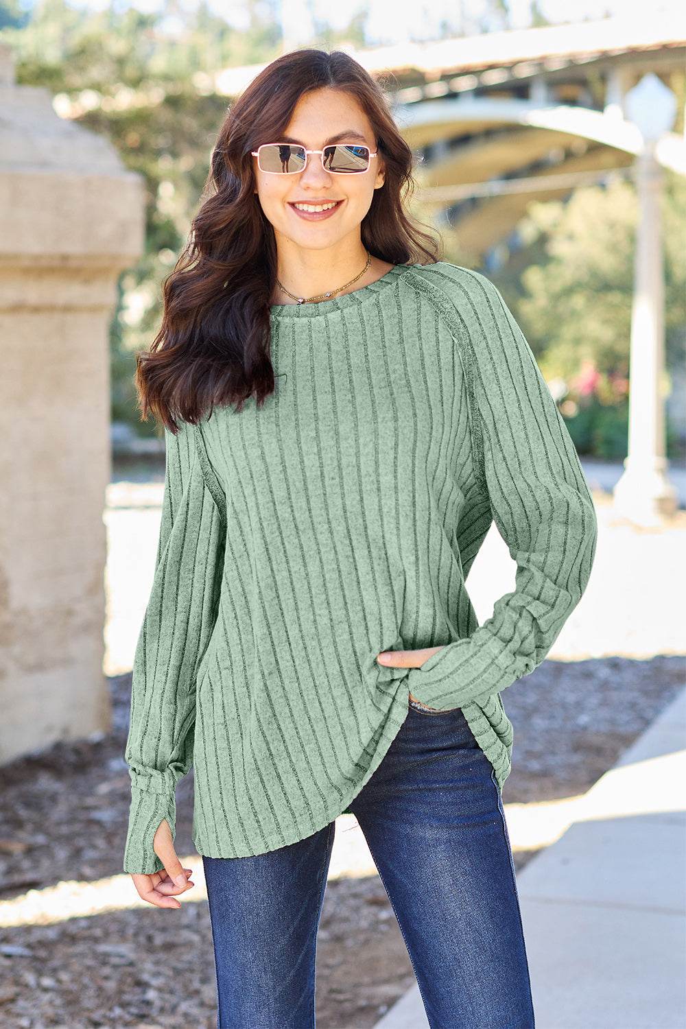 Basic Bae Full Size Ribbed Round Neck Long Sleeve Knit Top - Delanoir