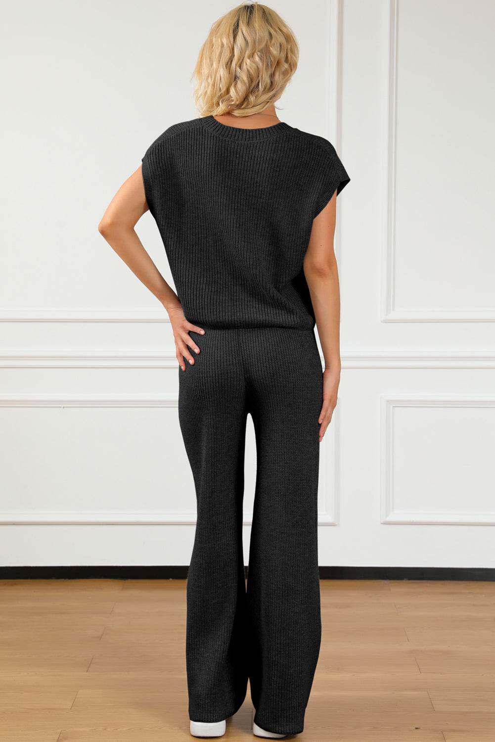Pocketed V-Neck Top and Wide Leg Sweater Set - Delanoir