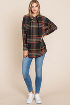 BOMBOM Drawstring Plaid Long Sleeve Hoodie - Delanoir