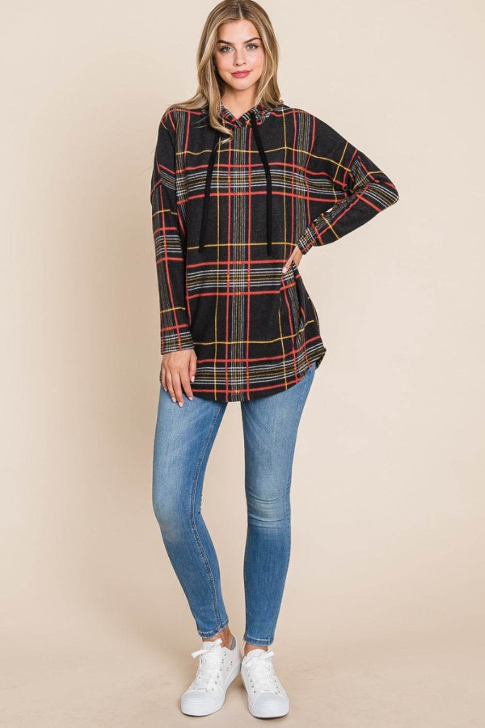 BOMBOM Drawstring Plaid Long Sleeve Hoodie - Delanoir