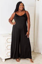 Double Take Full Size Soft Rayon Spaghetti Strap Tied Wide Leg Jumpsuit - Delanoir