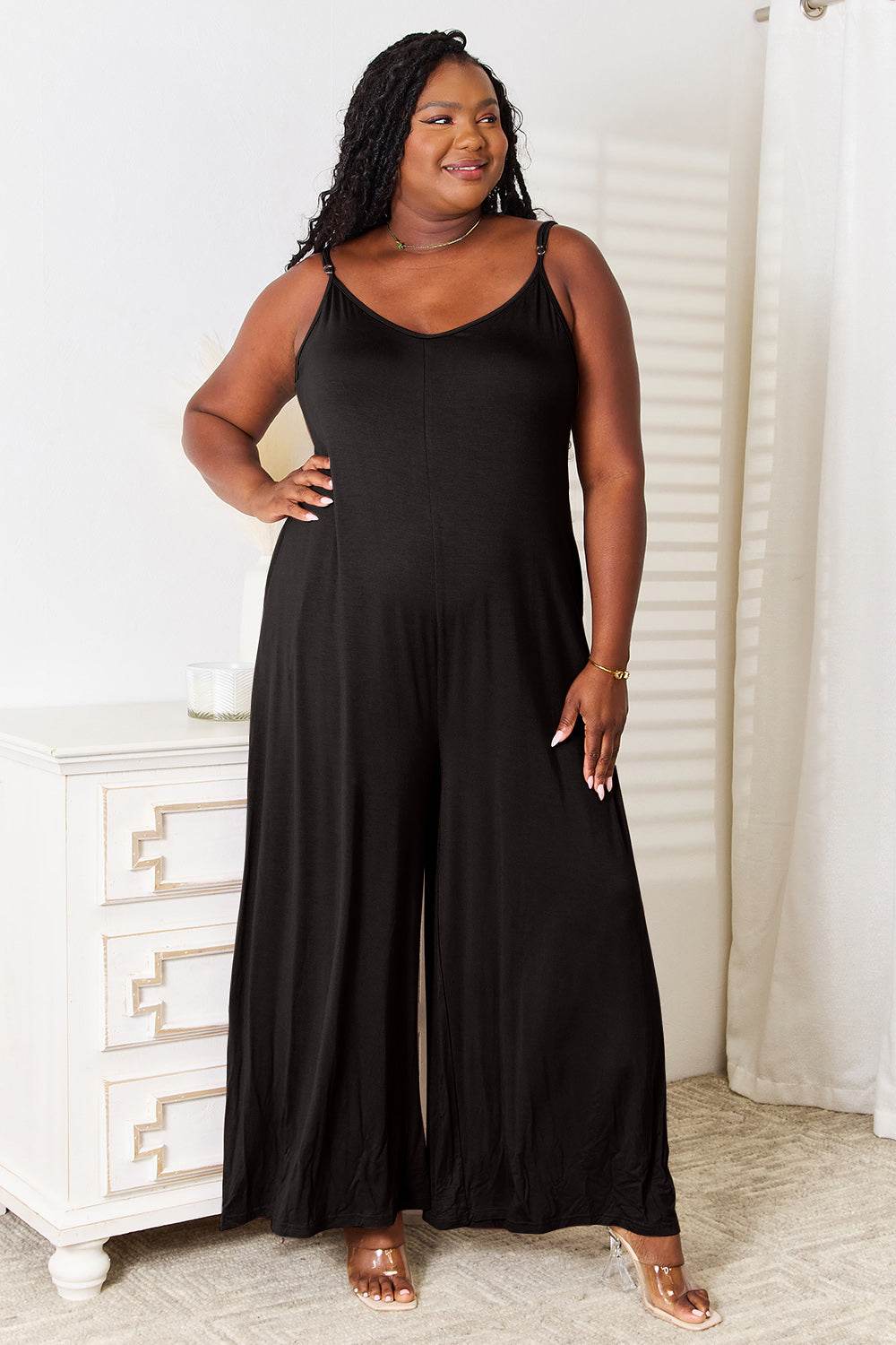 Double Take Full Size Soft Rayon Spaghetti Strap Tied Wide Leg Jumpsuit - Delanoir