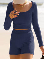 Scoop Neck Long Sleeve Top and Shorts Set - Delanoir