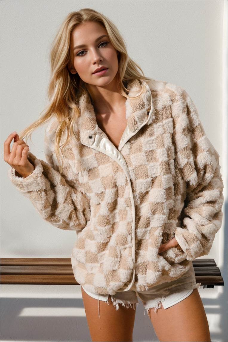 Double Take Checkered Long Sleeve Fuzzy Jacket - Delanoir