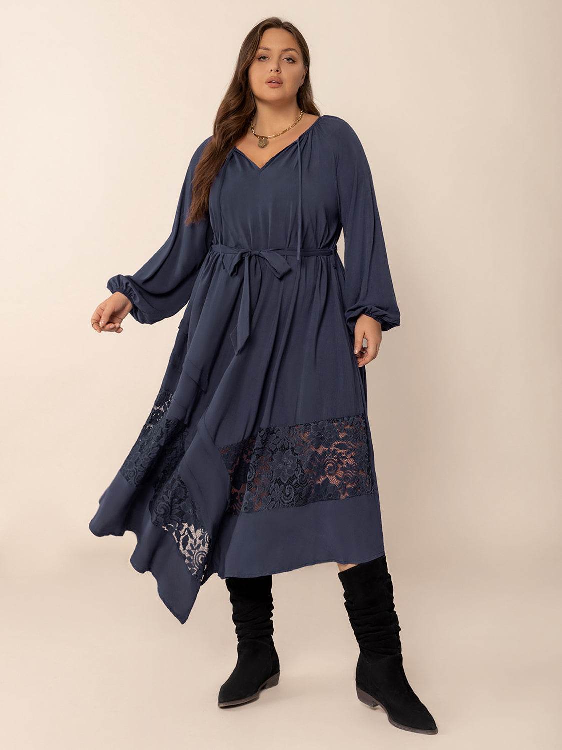 Plus Size Lace Detail Tie Neck Long Sleeve Midi Dress - Delanoir