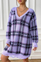 Plaid V-Neck Long Sleeve Sweater Dress - Delanoir