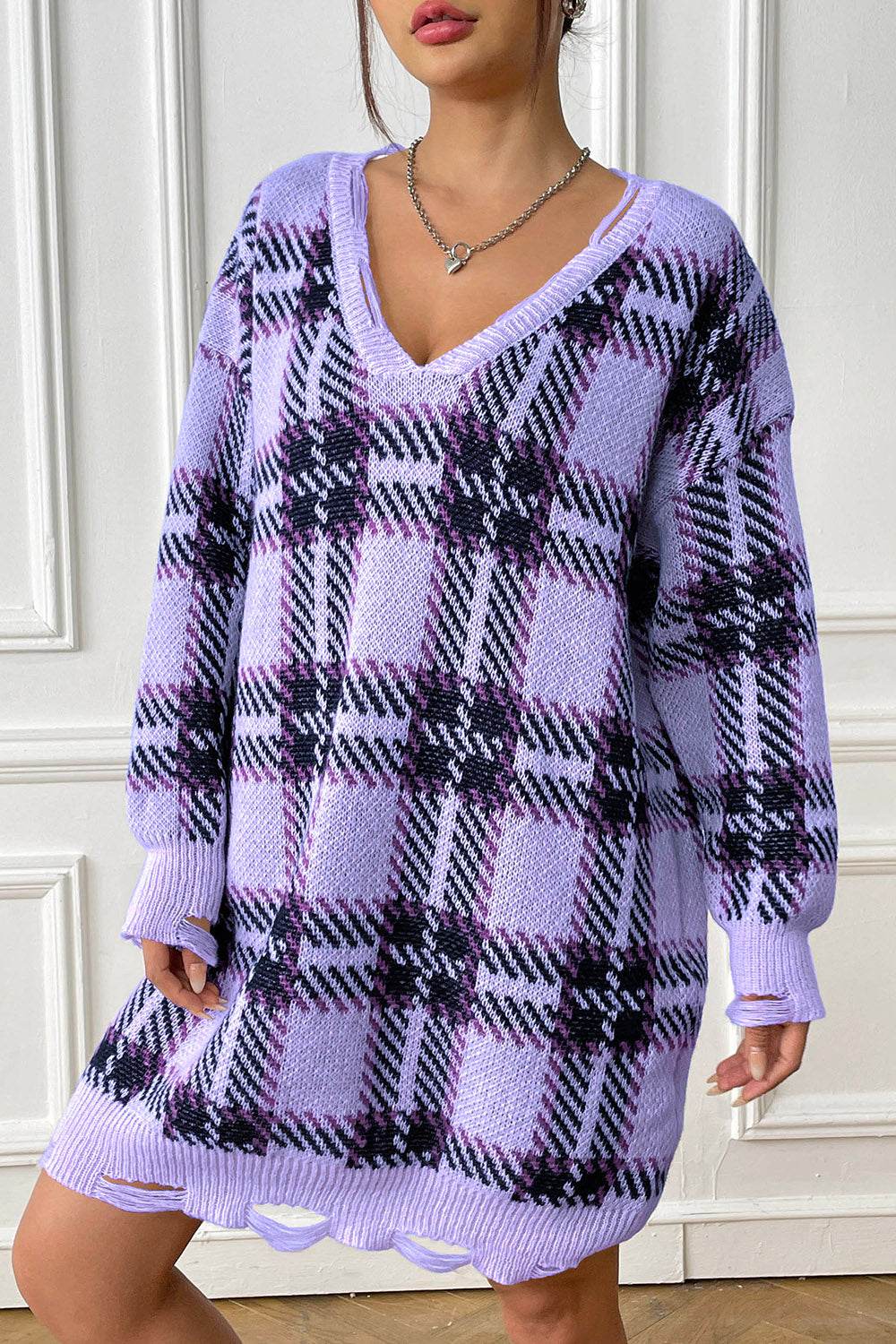 Plaid V-Neck Long Sleeve Sweater Dress - Delanoir