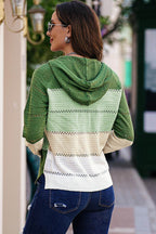 Zip-Up Raglan Sleeve Openwork Hooded Cardigan - Delanoir