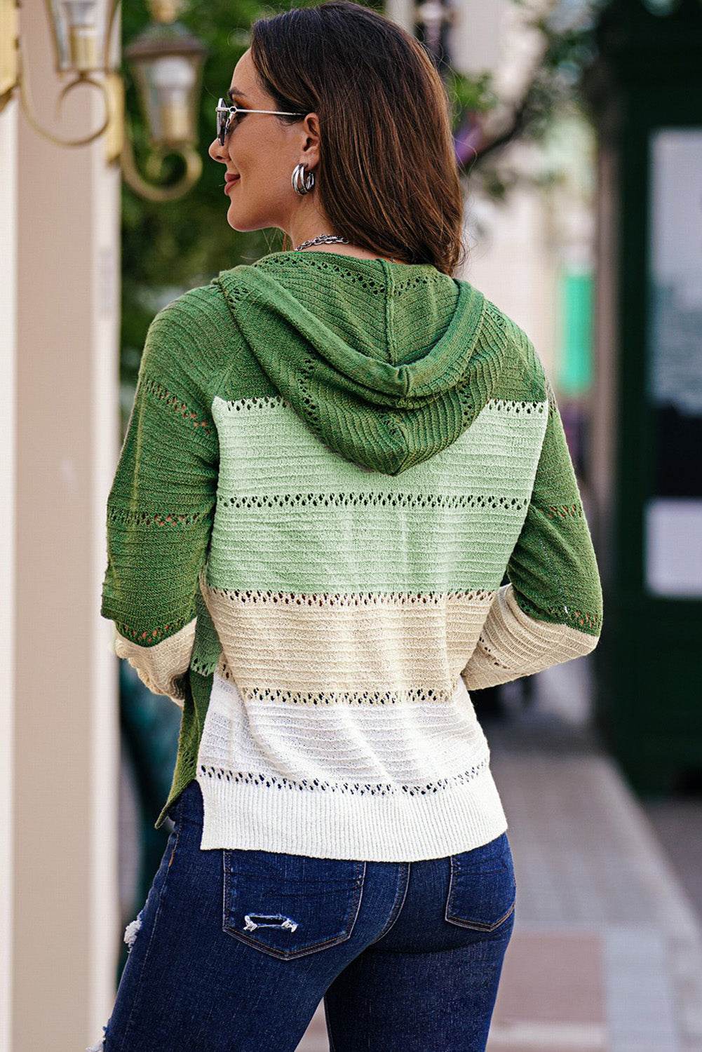 Zip-Up Raglan Sleeve Openwork Hooded Cardigan - Delanoir