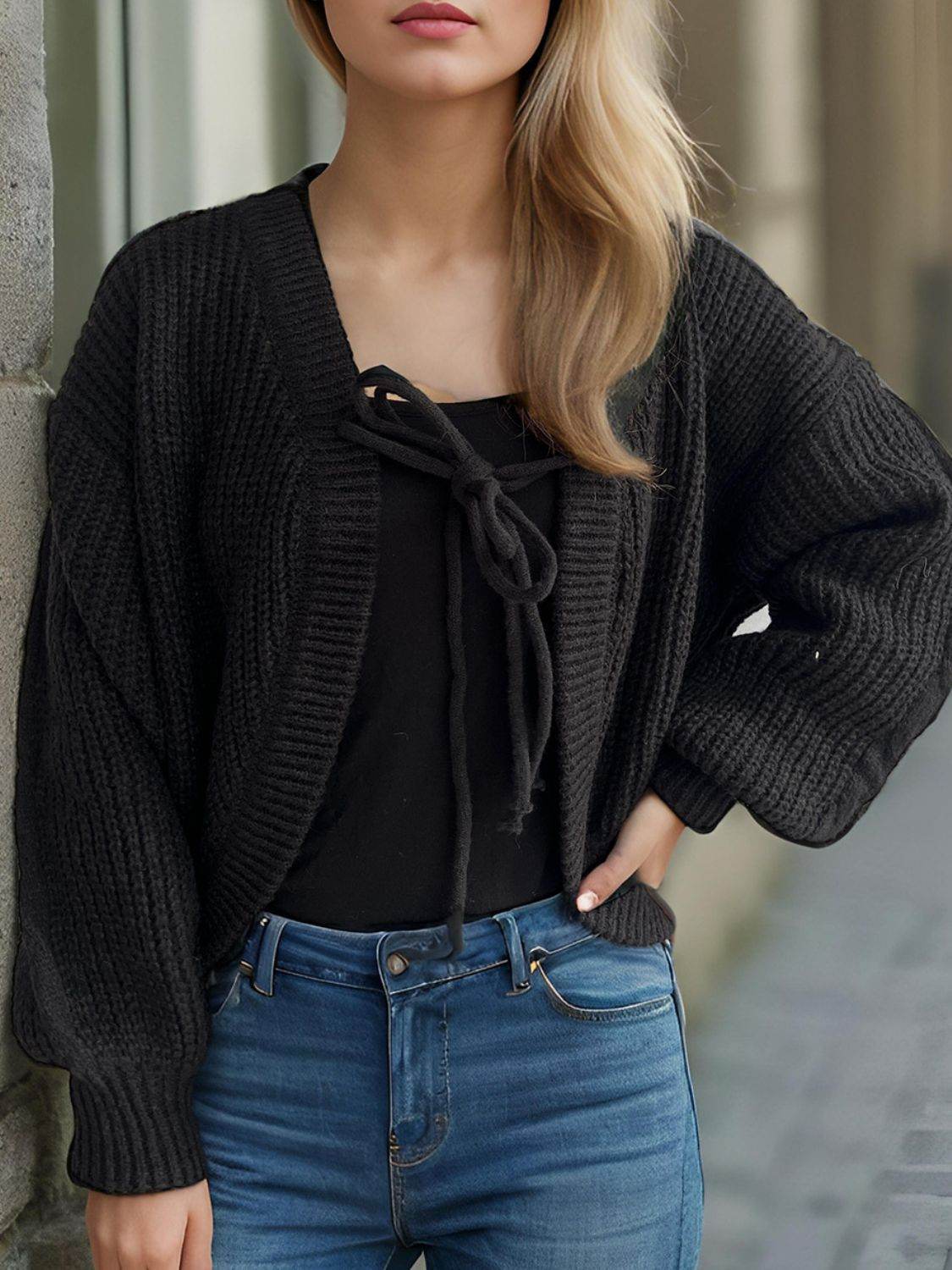 Tied Dropped Shoulder Long Sleeve Cardigan - Delanoir