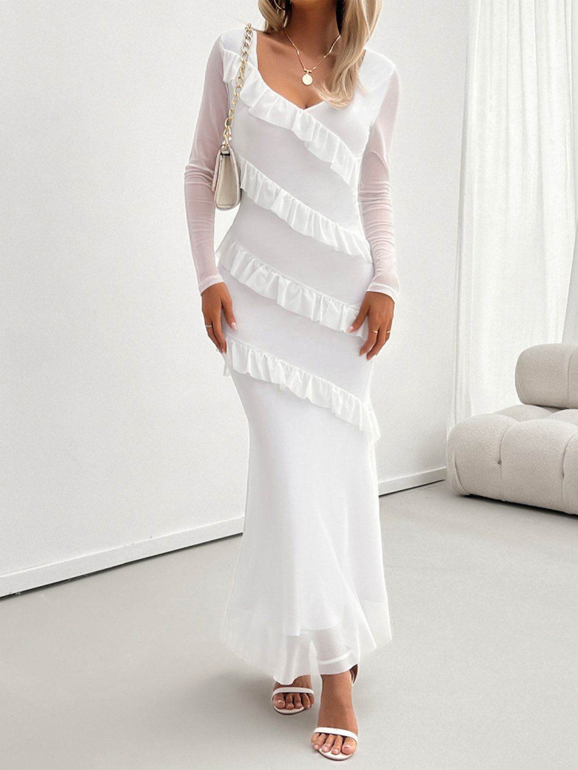 Devine Ruffled Surplice Long Sleeve Maxi Dress - Delanoir