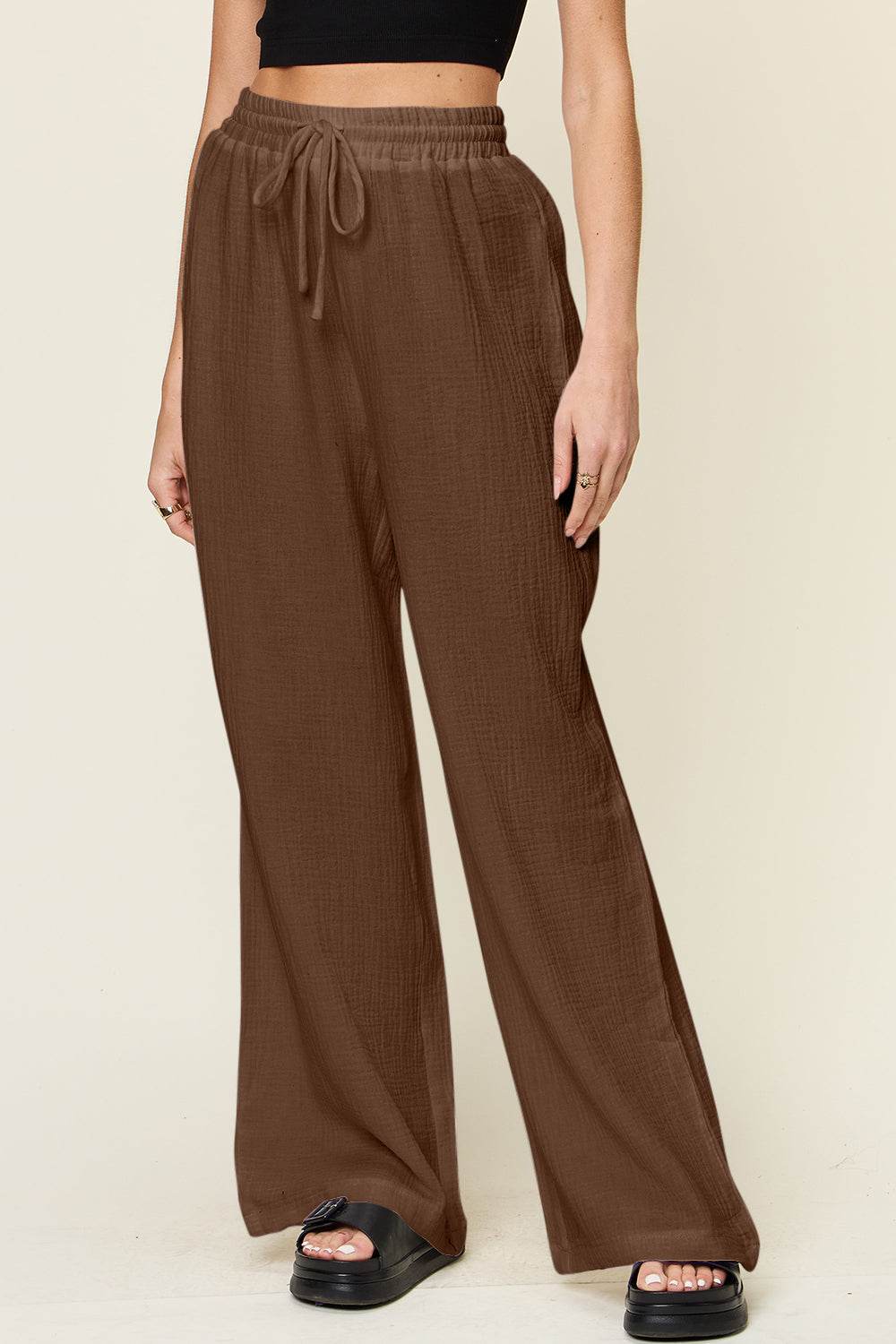 Double Take Full Size Texture Drawstring Wide Leg Pants - Delanoir