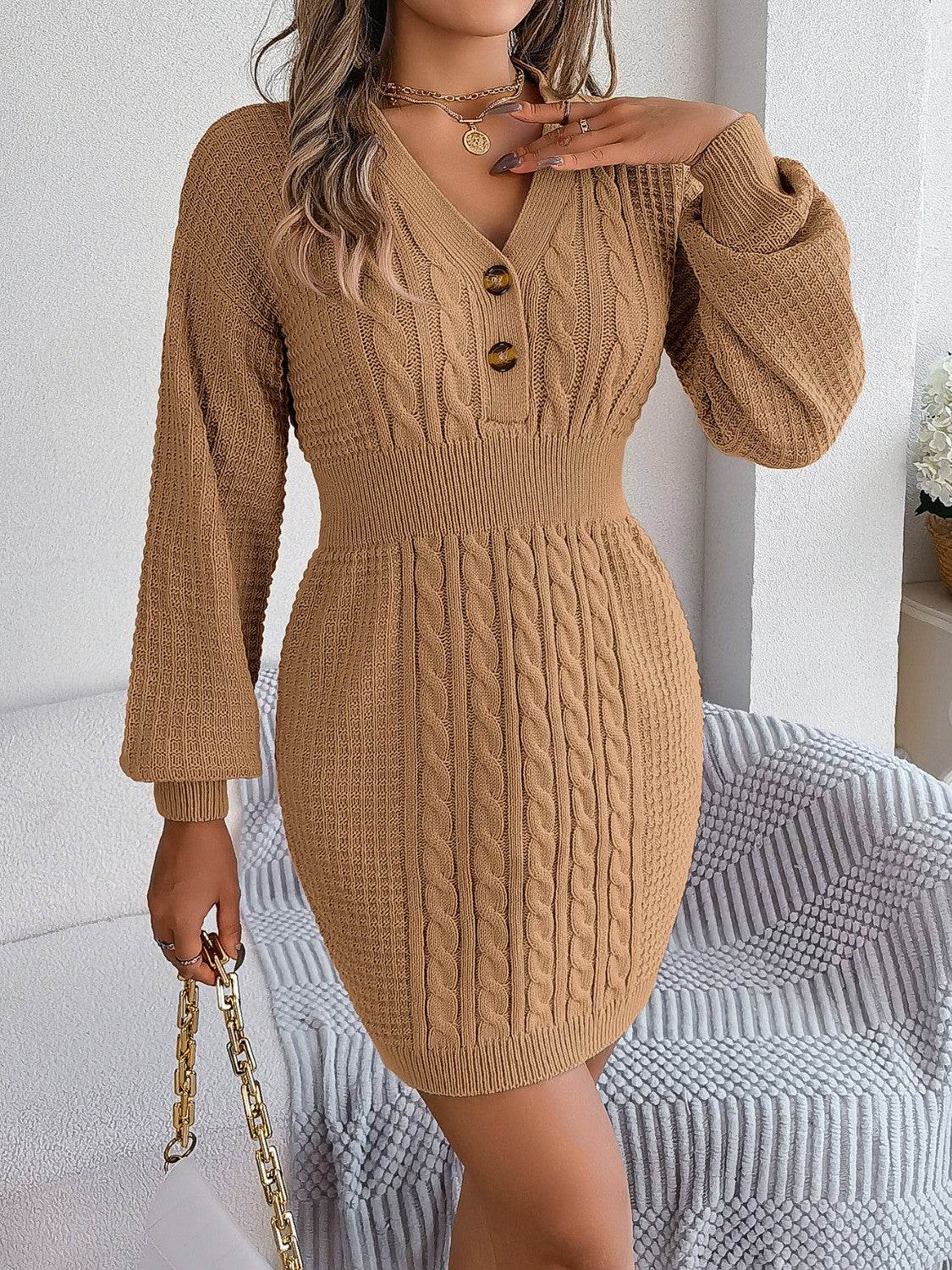 Buttoned Cable-Knit V-Neck Sweater Dress - Delanoir