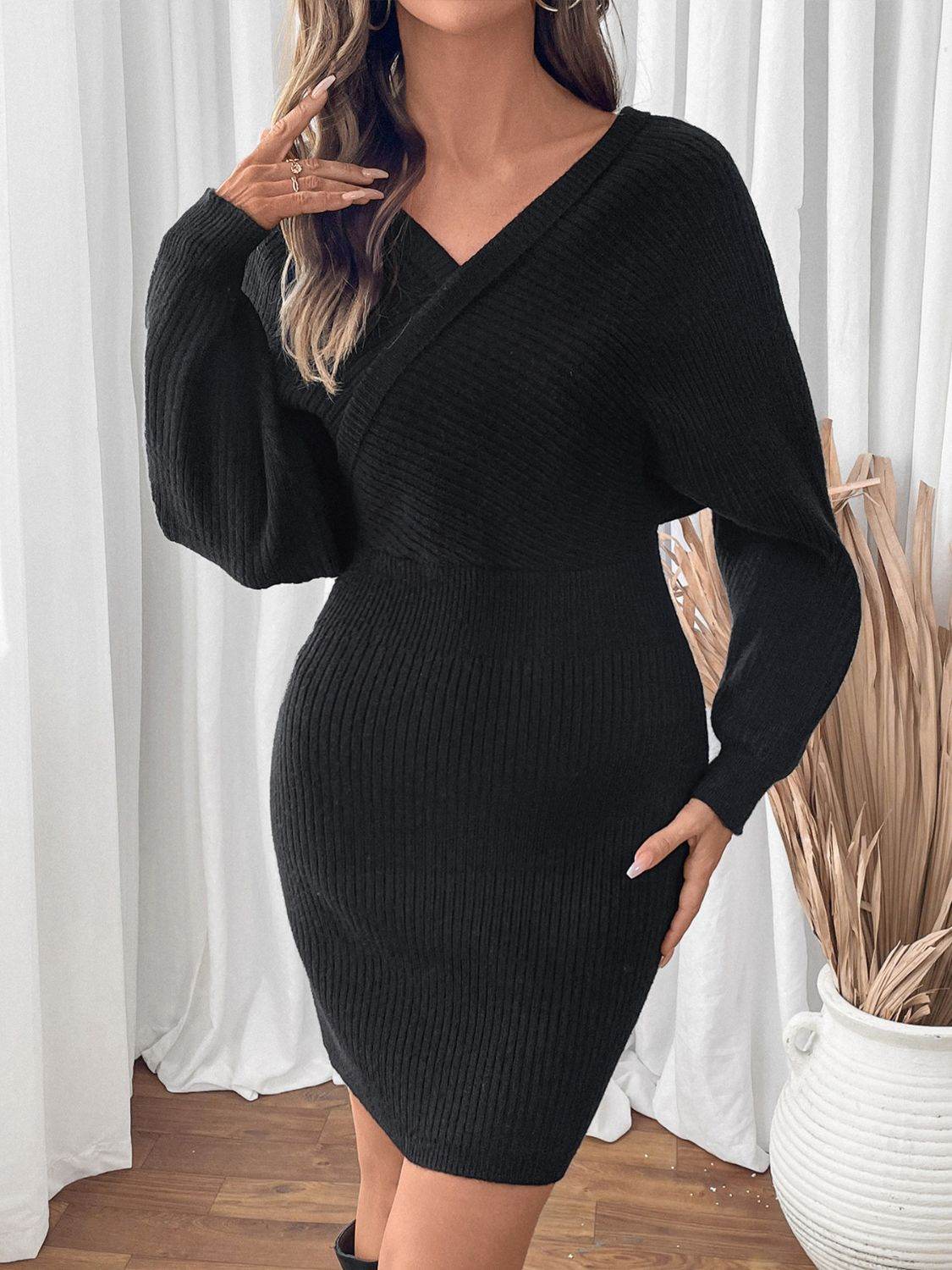 Perfee Surplice Long Sleeve Sweater Dress - Delanoir