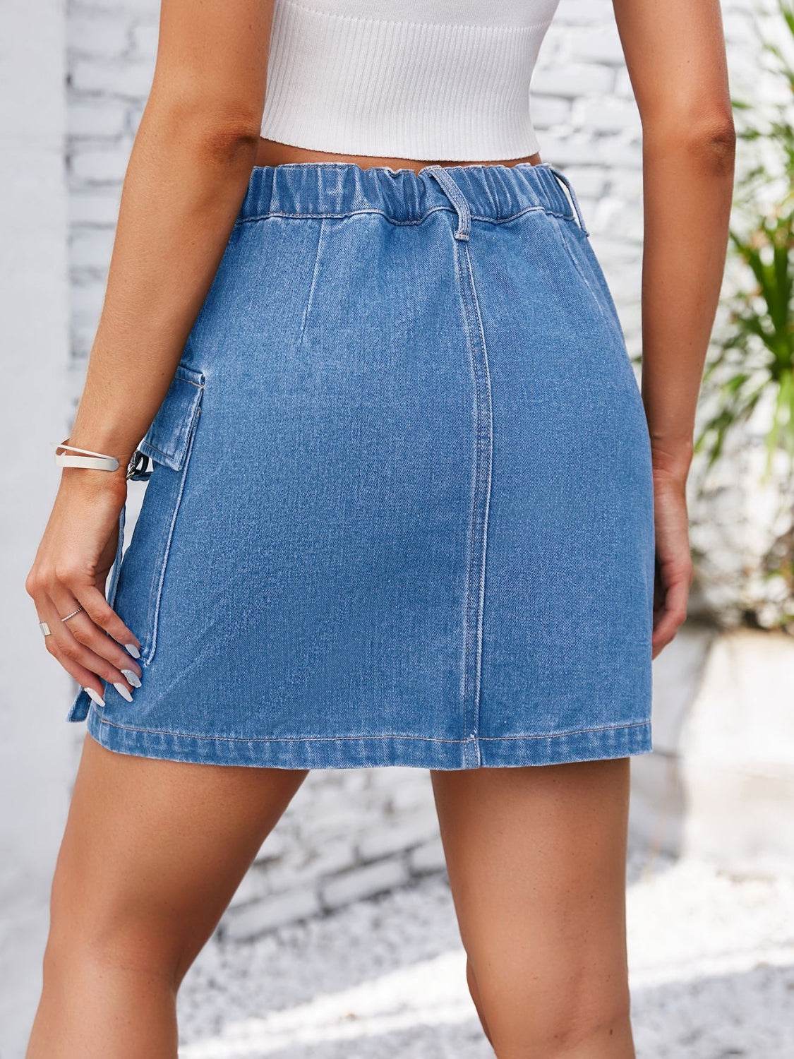 Pocketed Buttoned Denim Skirt - Delanoir