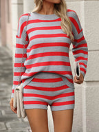 Striped Round Neck Top and Shorts Sweater Set - Delanoir
