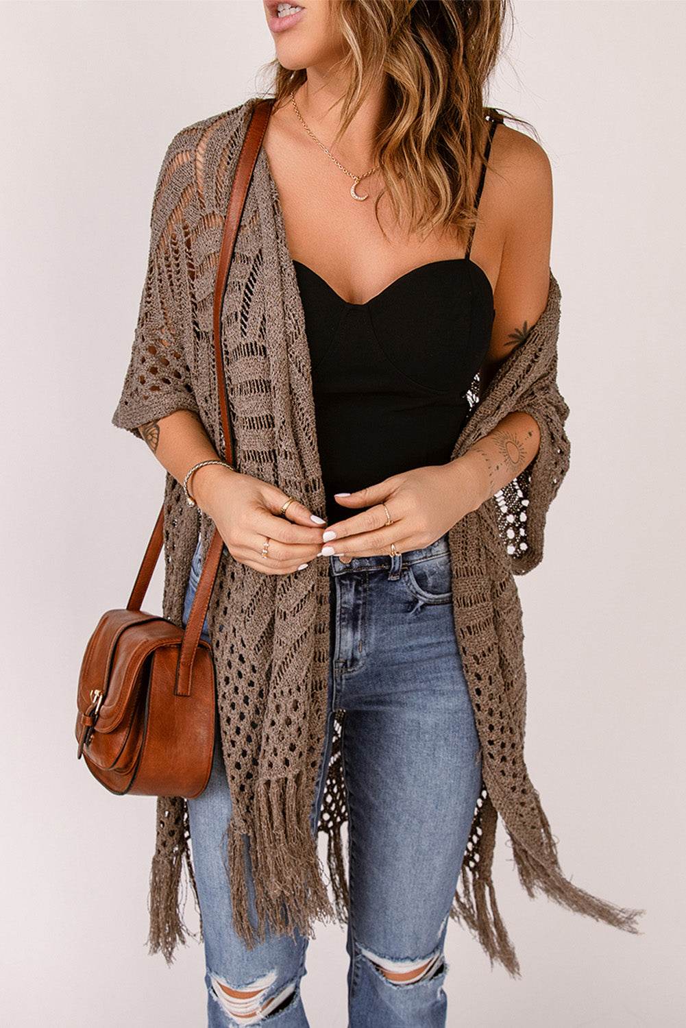 Fringe Hem Slit Open Front Cardigan - Delanoir