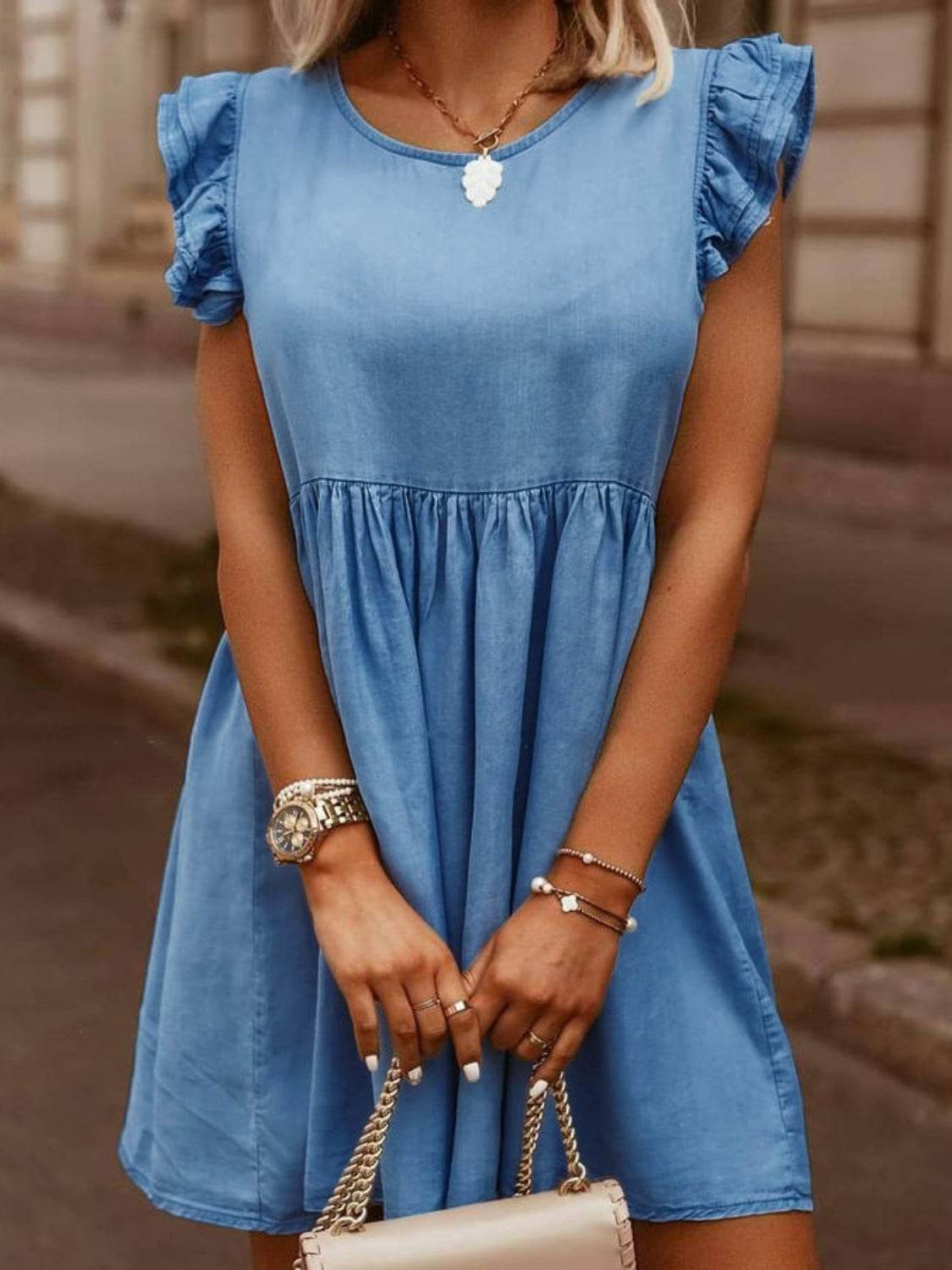 Full Size Ruffled Round Neck Cap Sleeve Denim Dress - Delanoir