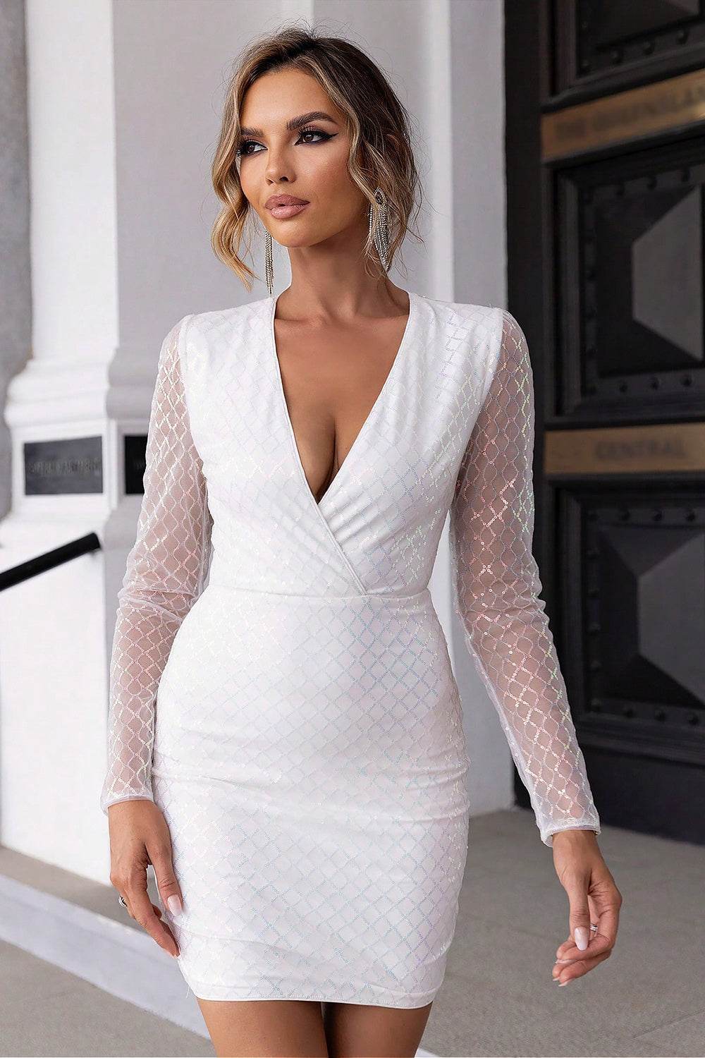 Cutout Sequin Mesh Mini Dress - Delanoir