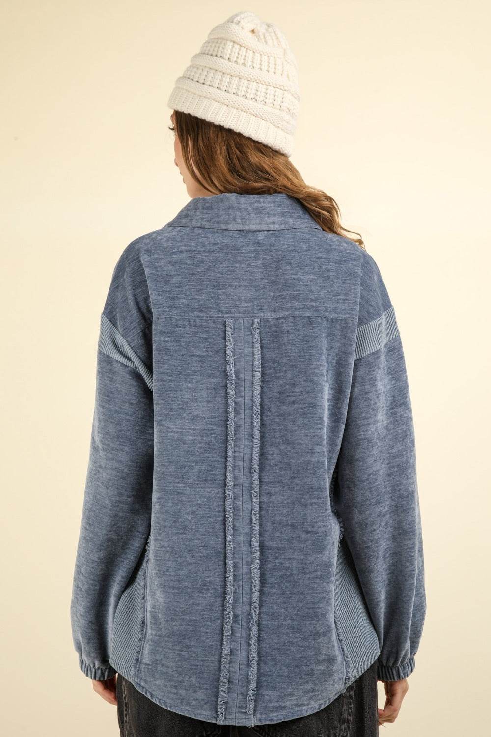 VERY J Mixed Media Button Down Raw Hem Shacket - Delanoir