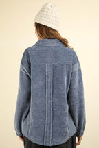 VERY J Mixed Media Button Down Raw Hem Shacket - Delanoir