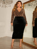 Honey Plus Size Surplice Neck Long Sleeve Slit Dress - Delanoir