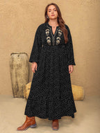 Plus Size Embroidered Polka Dot Notched Long Sleeve Dress - Delanoir