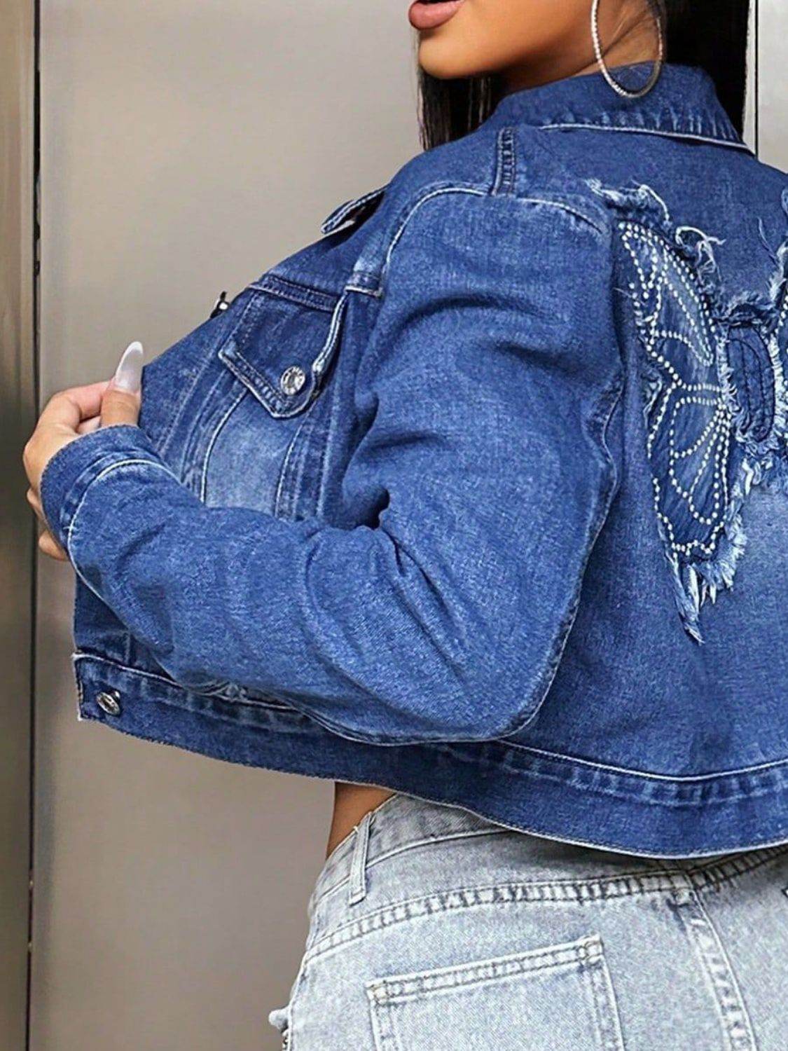Butterfly Patch Long Sleeve Cropped Denim Top - Delanoir