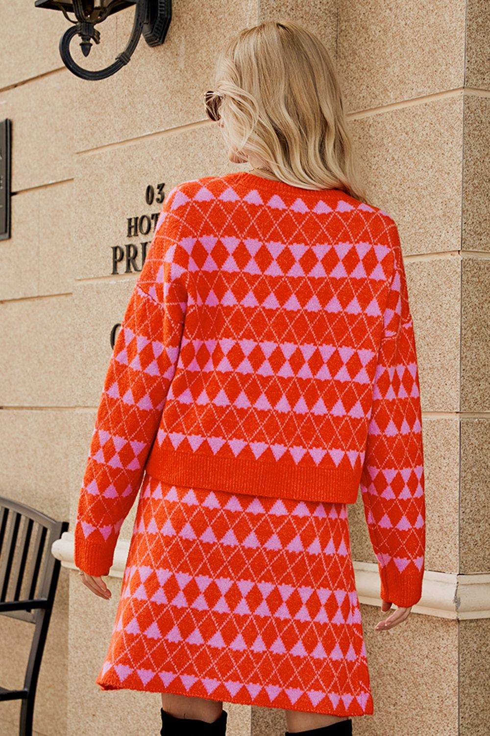 Geometric Dropped Shoulder Cardigan and Knit Skirt Set - Delanoir