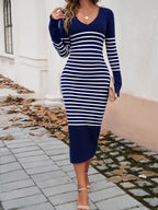 Devine Striped V-Neck Long Sleeve Sweater Dress - Delanoir