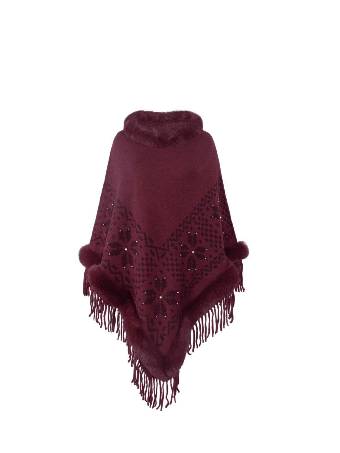 Fringe Geometric Cape Sleeve Poncho - Delanoir
