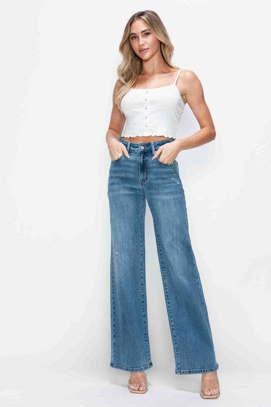 bytos Full Size High Rise Wide Leg Jeans with Pockets - Delanoir