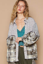POL Balloon Sleeve Floral Color Block Plaid Shirt - Delanoir