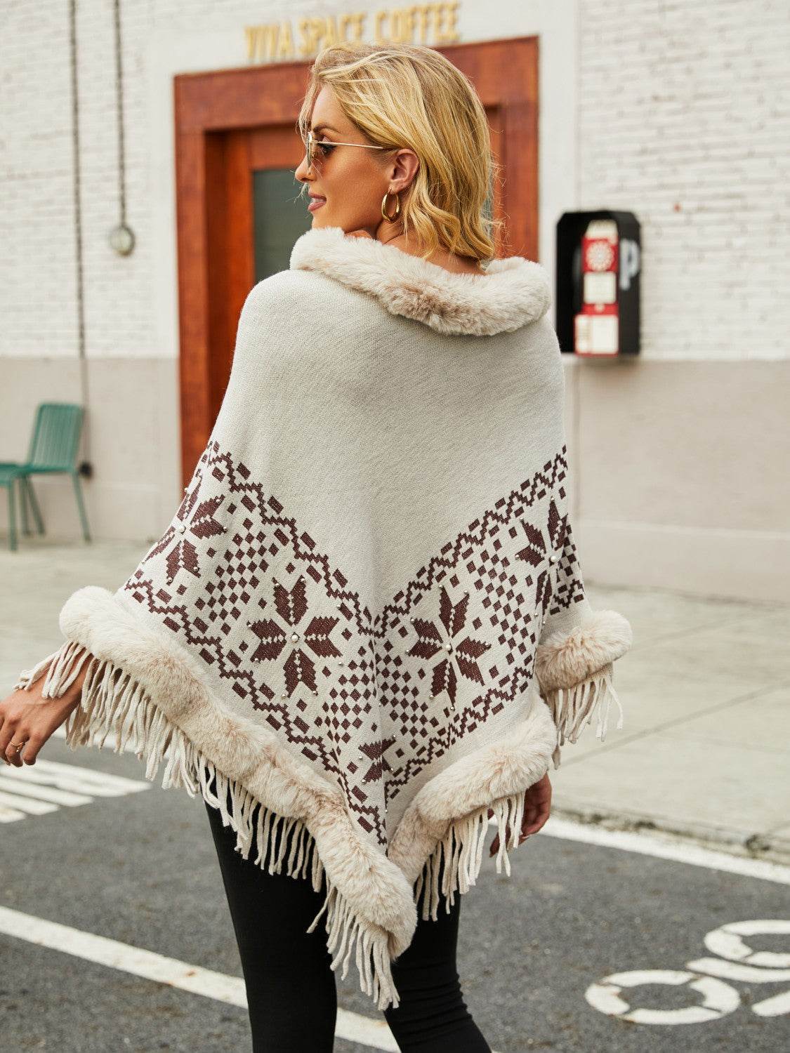Fringe Geometric Cape Sleeve Poncho - Delanoir