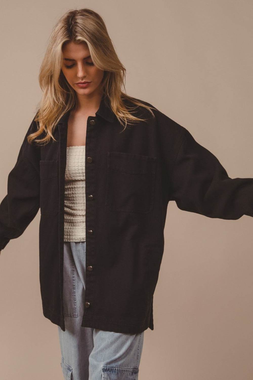 BiBi Button Up Washed Jacket with Pockets - Delanoir