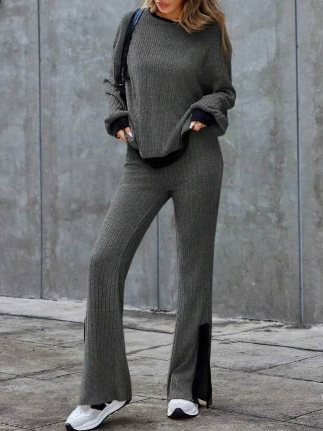 Contrast Round Neck Long Sleeve Top and Bootcut Pants Set - Delanoir