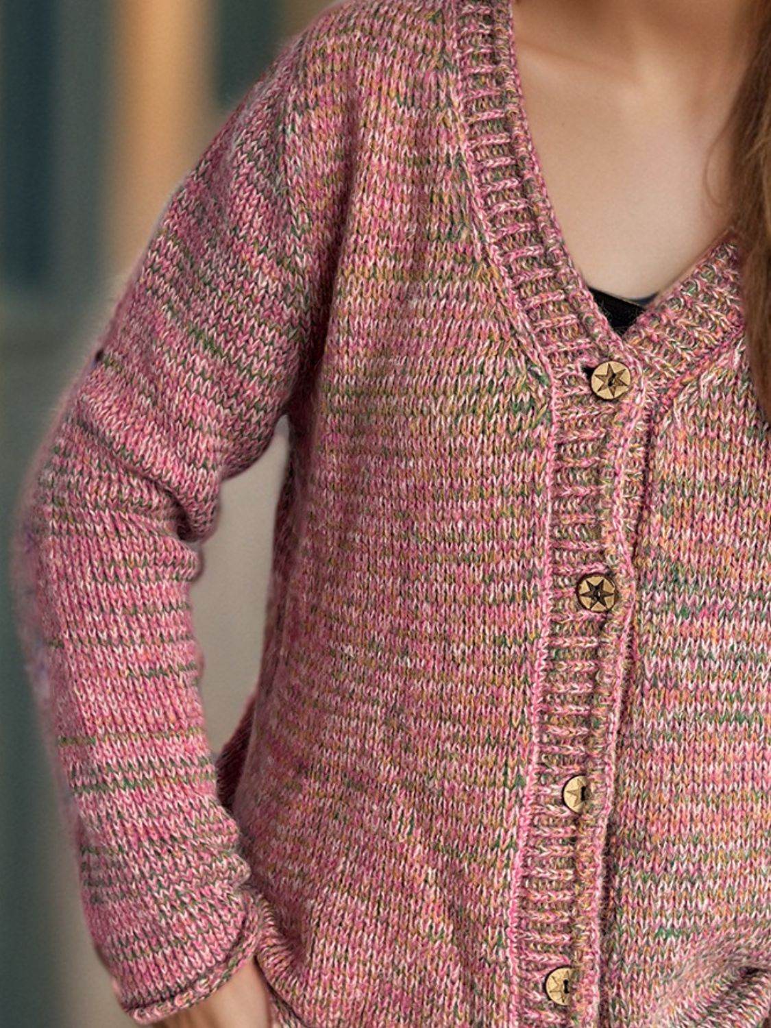 Heathered V-Neck Long Sleeve Cardigan - Delanoir