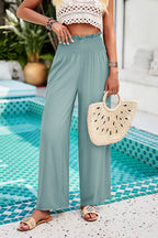 Devine Smocked Wide Leg Pants with Pockets - Delanoir