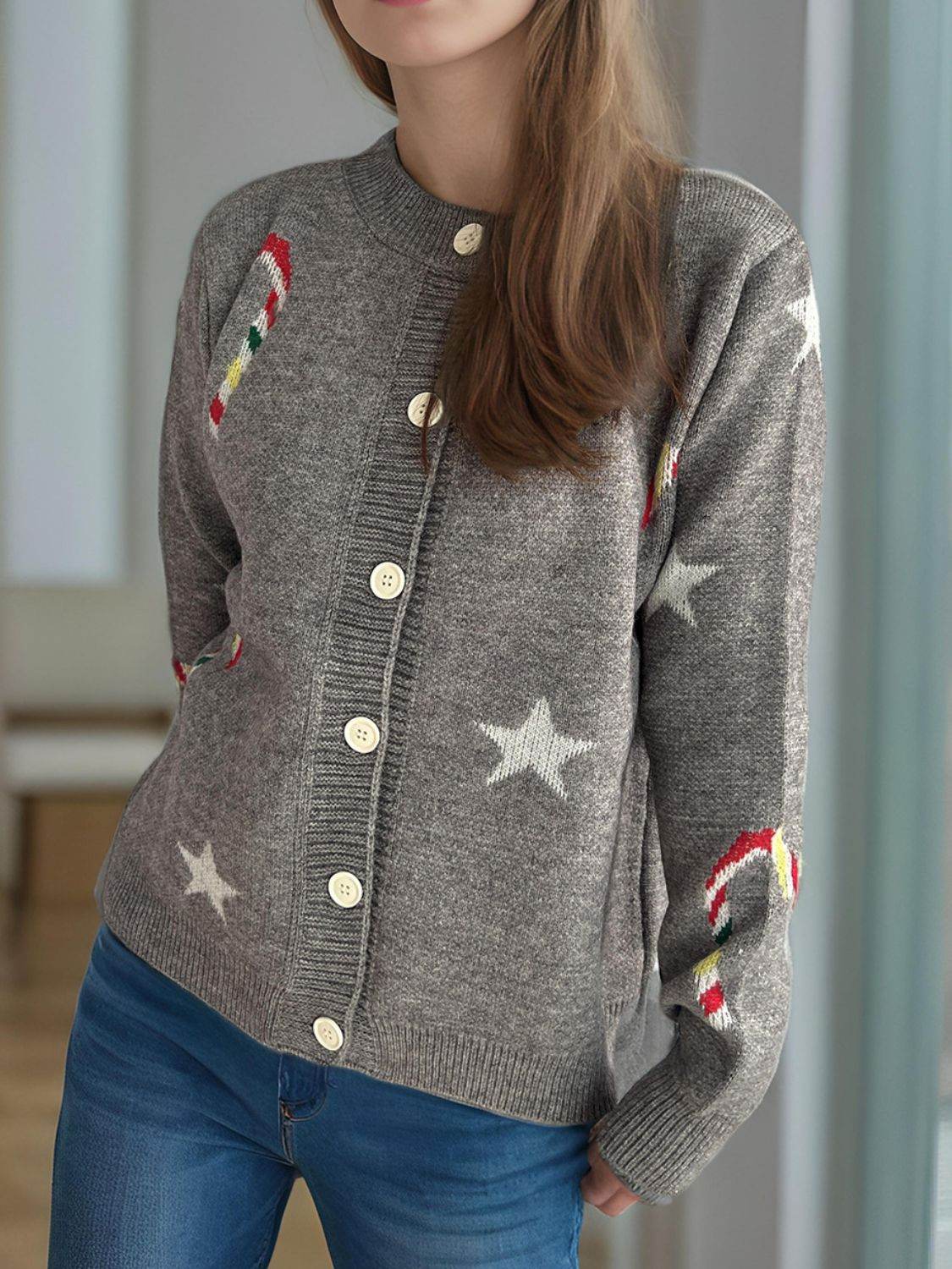 Candy Cane & Star Button Down Long Sleeve Cardigan - Delanoir