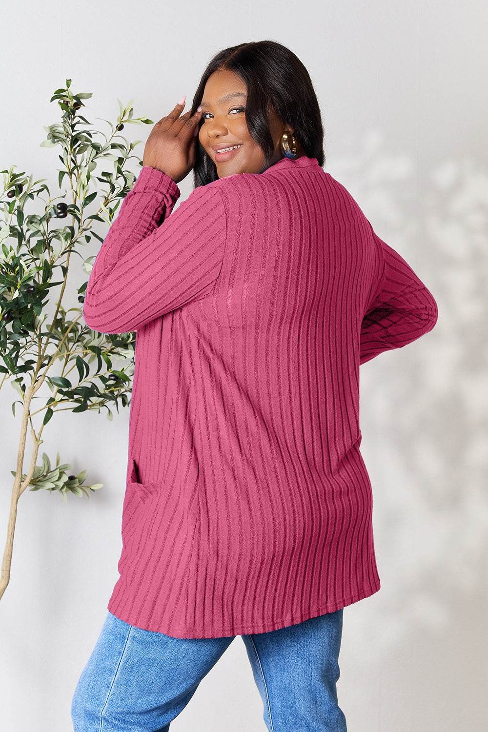 Basic Bae Full Size Ribbed Open Front Cardigan with Pockets - Delanoir