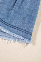 Raw Hem Collared Neck Short Sleeve Denim Dress - Delanoir