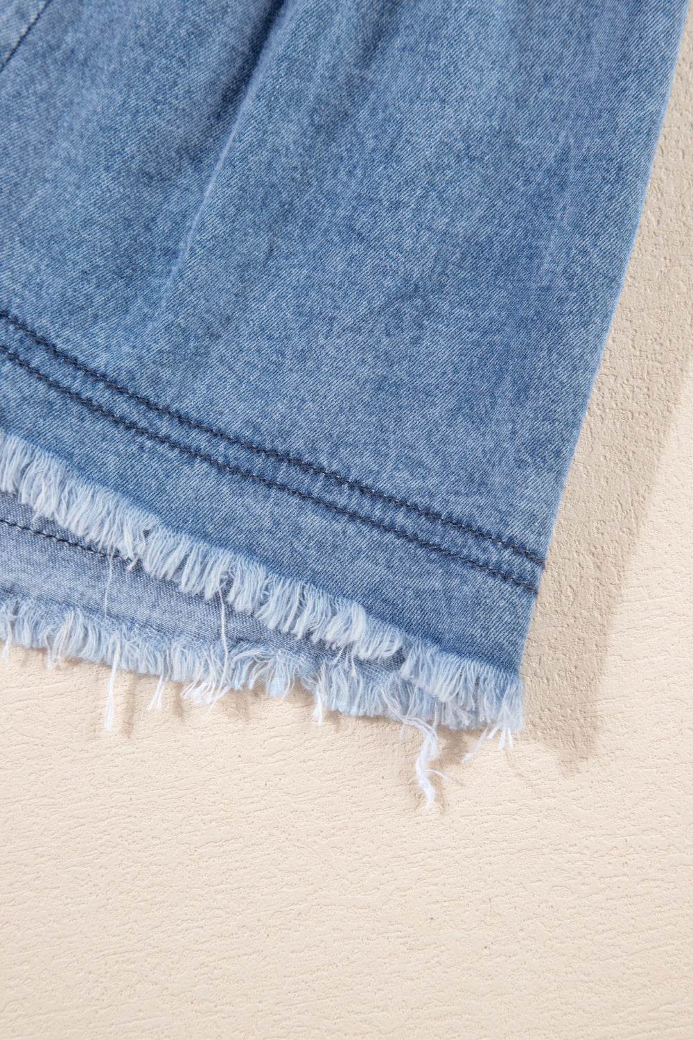 Raw Hem Collared Neck Short Sleeve Denim Dress - Delanoir