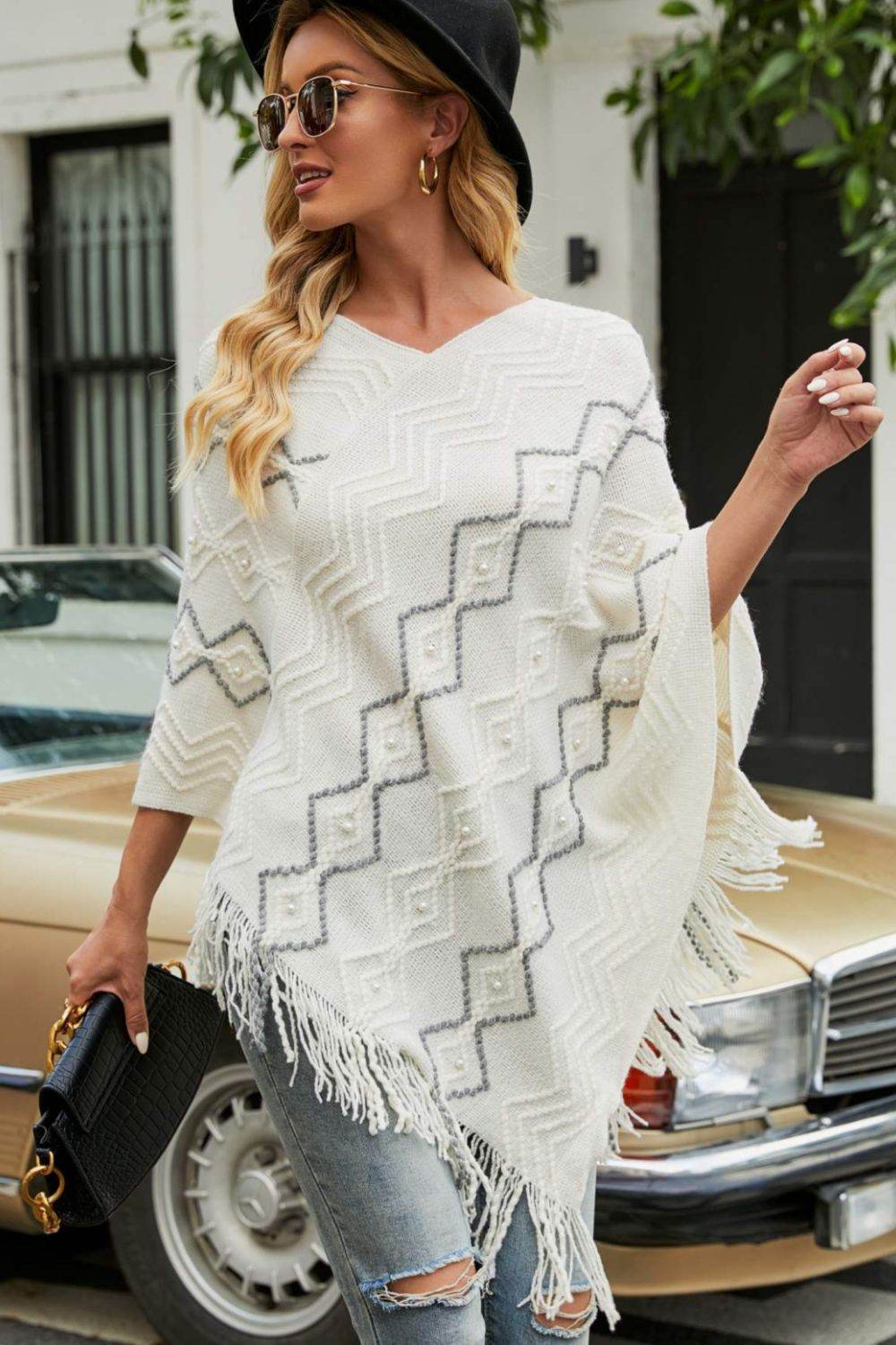 Pearl Trim V-Neck Fringe Hem Poncho - Delanoir