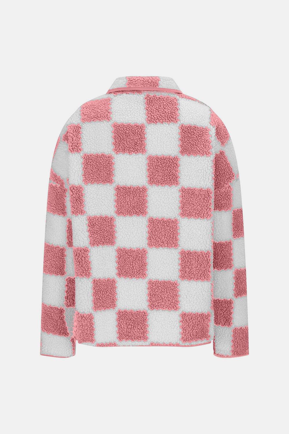 Checkered Snap Down Long Sleeve Teddy Jacket - Delanoir