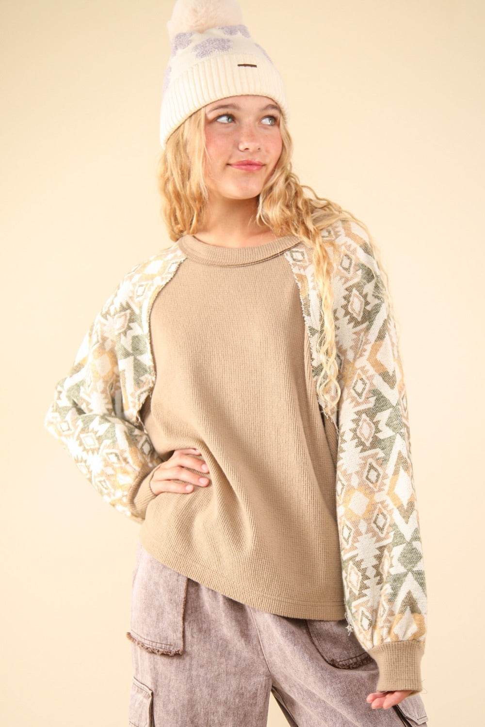 VERY J Printed Long Sleeve Round Neck Knit Top - Delanoir