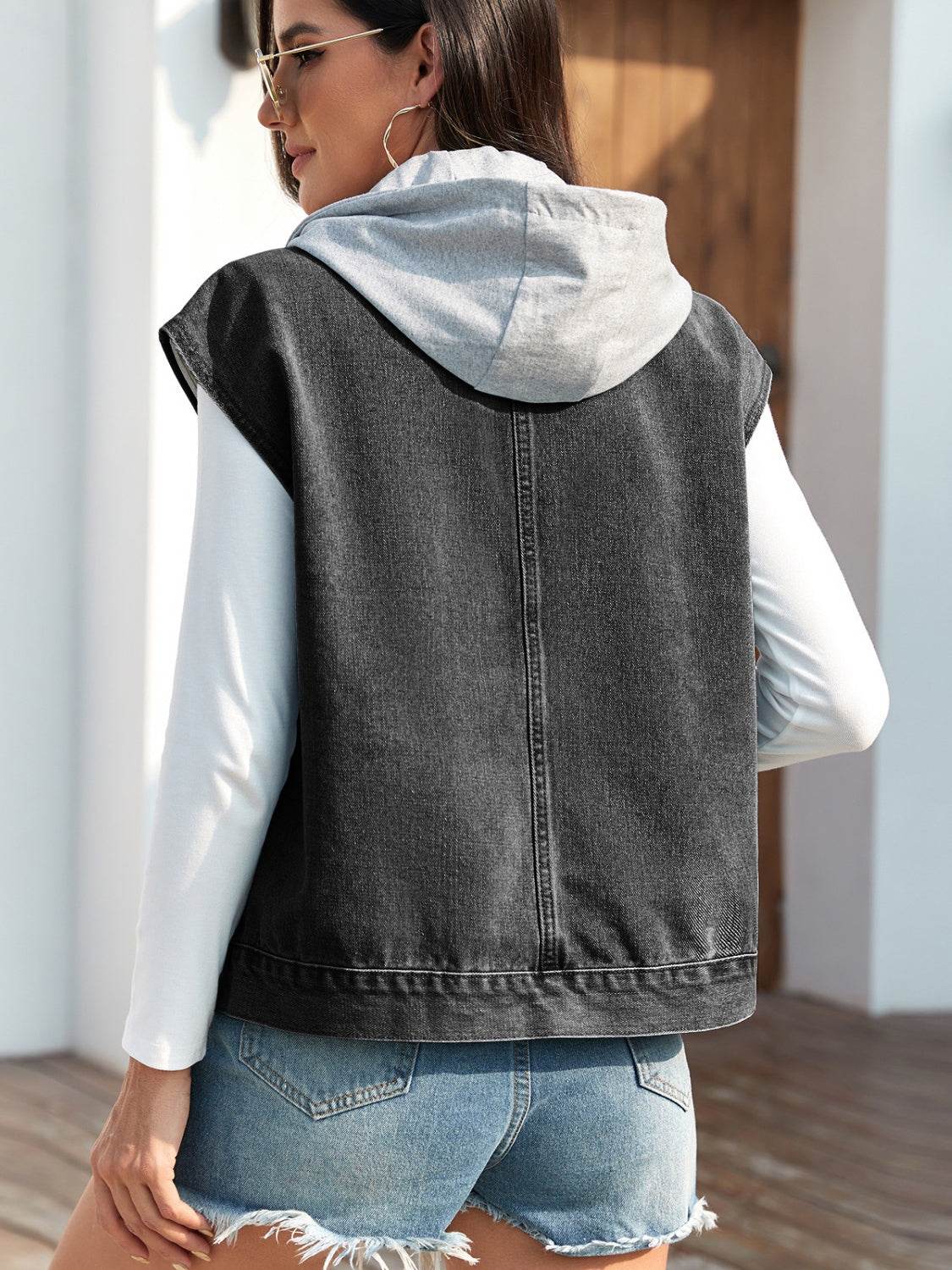 Drawstring Button Up Sleeveless Denim Jacket - Delanoir